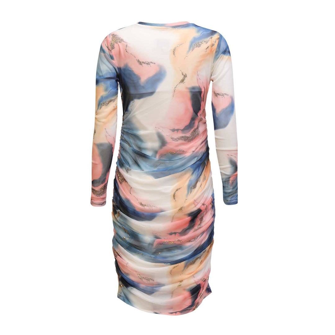 Liberte - Mesh Ls Long Dress 22219 - Blue Peach Gold Marble Kjoler 