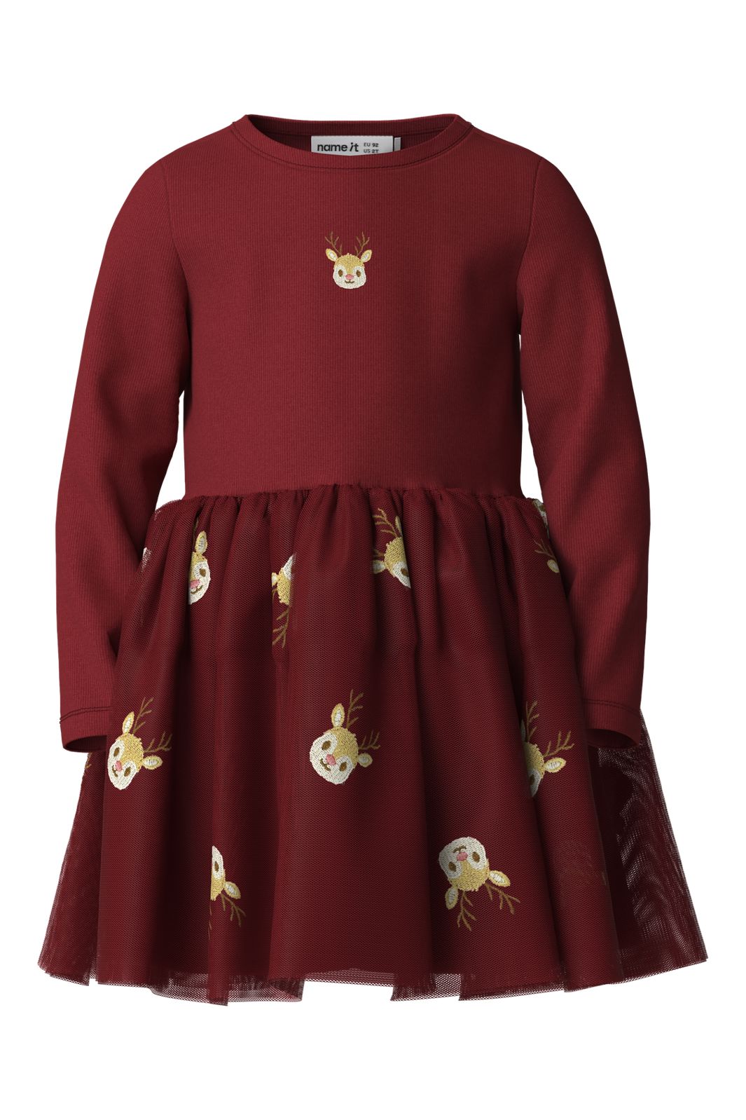 Name It - Nmfveross Ls Tulle Dress - 5127587 Red Dahlia Reindeer
