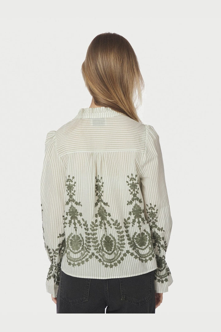 Neo Noir - Amara Stripe Emb Blouse 163363 - 723 - Dusty Green
