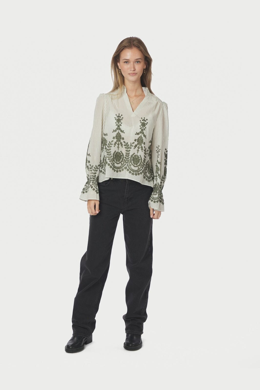 Neo Noir - Amara Stripe Emb Blouse 163363 - 723 - Dusty Green