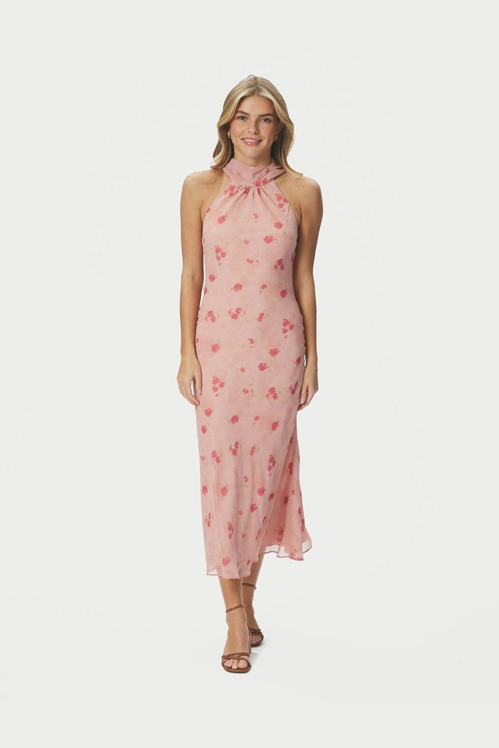 Neo Noir - Fiona Blurred Flower Halter Neck Dress 167918 - 754 - Light Pink