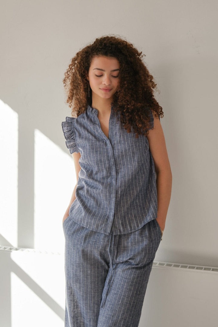 Neo Noir - Siona Emb Stripe Top 168373 - 140 - Blue Toppe 