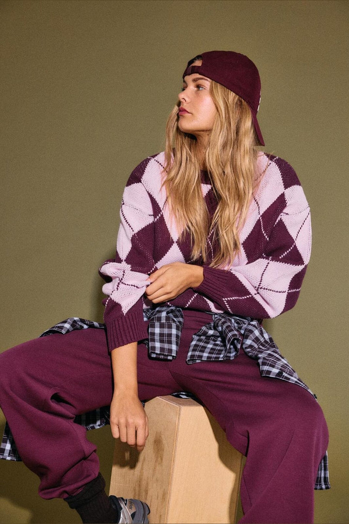 Noisy May - Nmacy L/S O-Neck Argyle Knit - 5033779 Fig Romance Rose