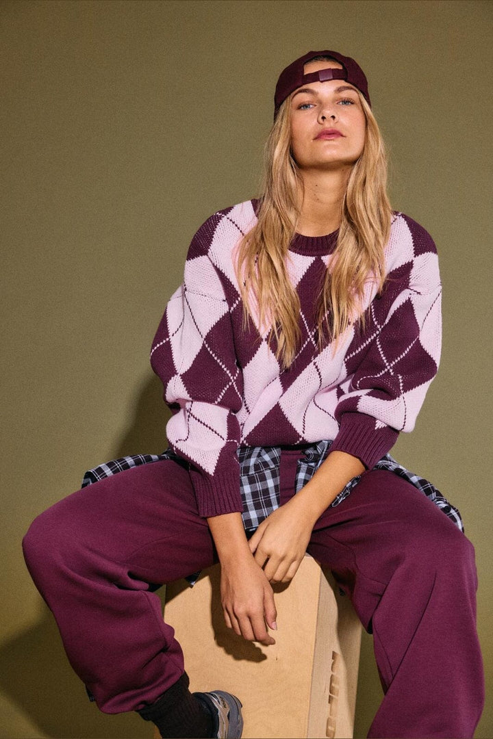 Noisy May - Nmacy L/S O-Neck Argyle Knit - 5033779 Fig Romance Rose