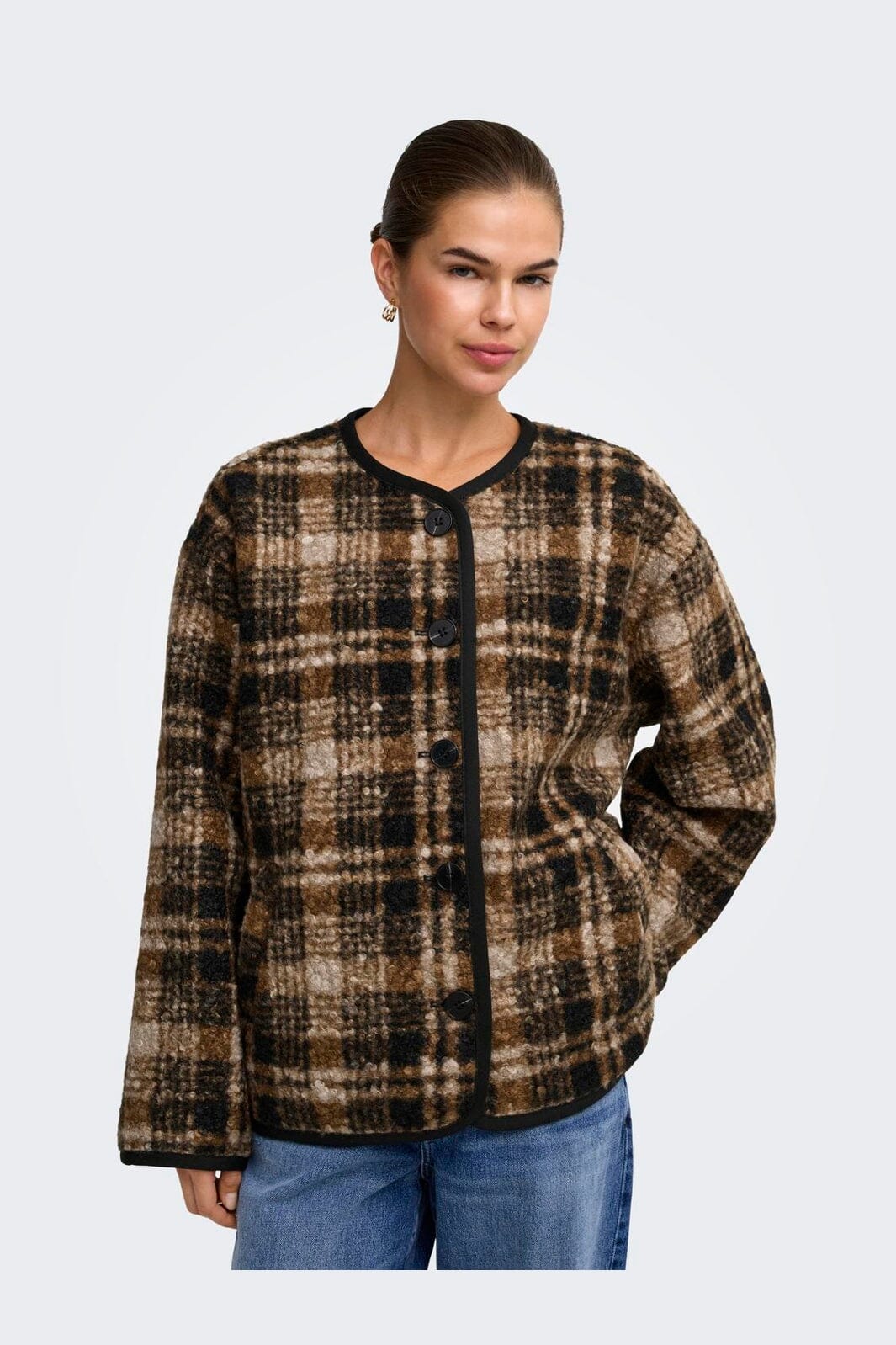 Only - Onlanni Boucle Jacket Cc - 5008376 Toasted Coconut Black / White Checks
