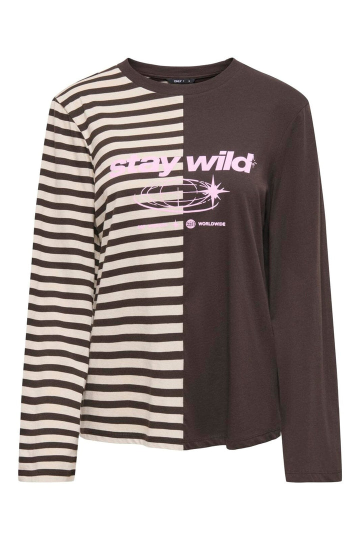 Only - Onlava L/S Half Striped T-Shirt - 5274132 Black Coffee Birch Stripes/ Light Pink Text