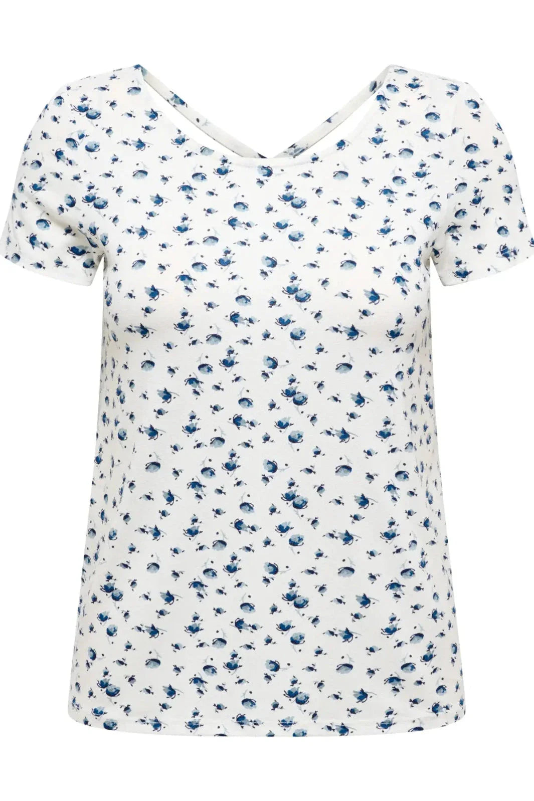 Only - Onlbera Back Lace Up S/S Top - 4967491 Cloud Dancer Tania Blue Flower T-shirts 