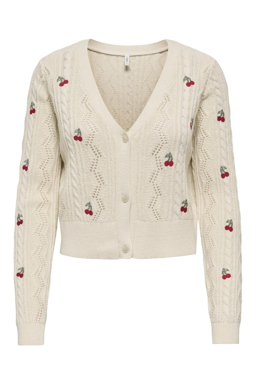 Only - Onlbirtie Ls Emb V-Neck Cardigan Knt - 4982281 Ecru Barbad Cherry/Laurel Wre/Cherry Emb