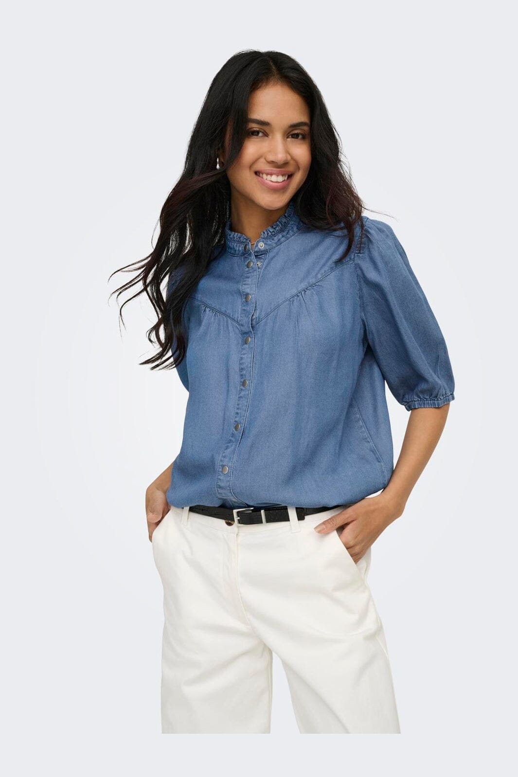 Only - Onlcharis Life 2/4 Frill Shirt Cc - 4910874 Medium Blue Denim
