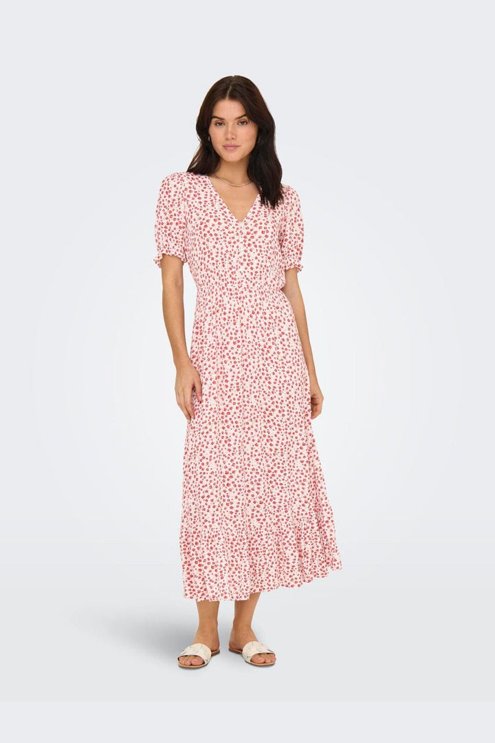 Only - Onlchianti S/S Long Dress - 4792683 Cloud Dancer Red Lucy Flower