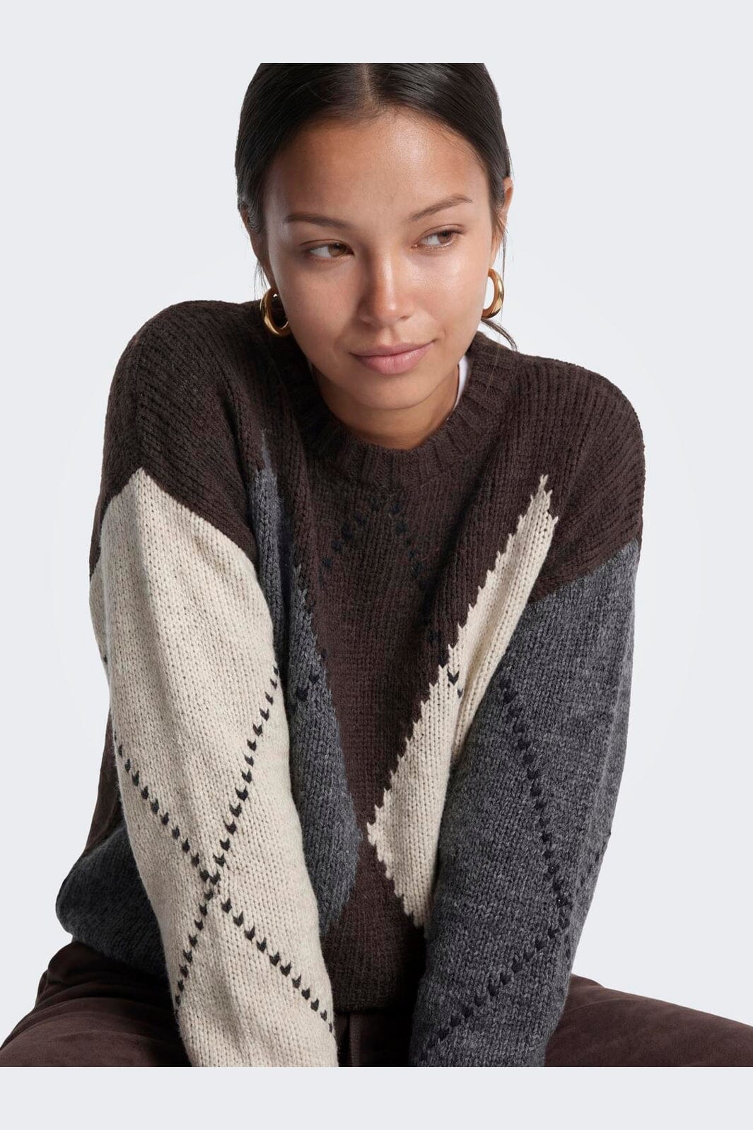 Only - Onlcozy Ls Argyle O-Neck Knt - 5103097 Coffee Bean Argyle/Birch/Dgm/Black