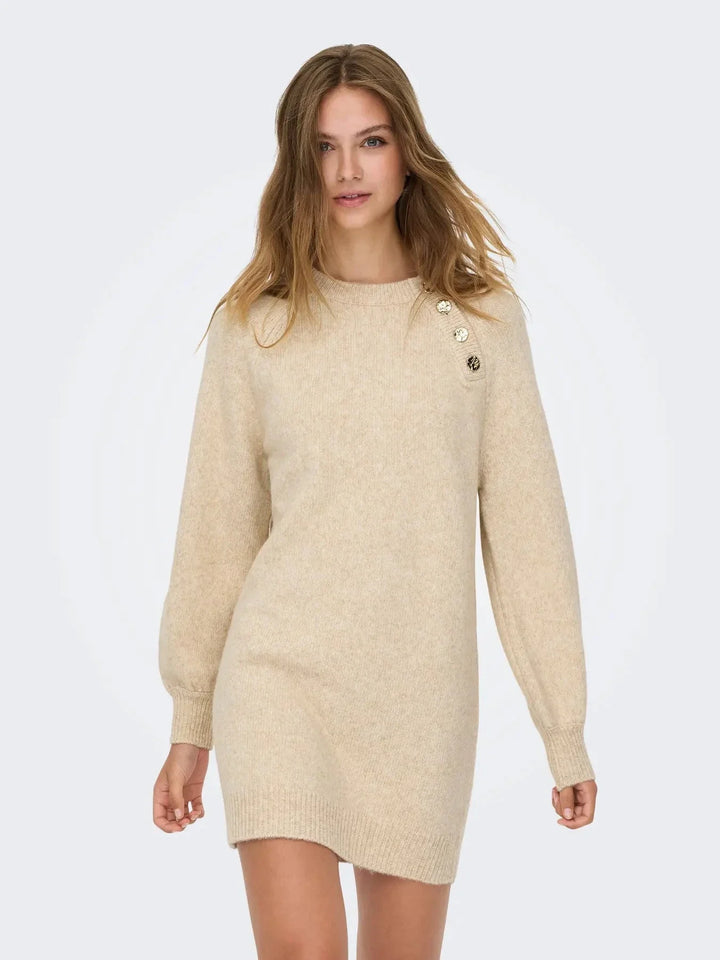 Only - Onlemma Life Ls Button Onec Dress Cc Knt - 4853470 Pumice Stone Melange/Gold Button Kjoler 