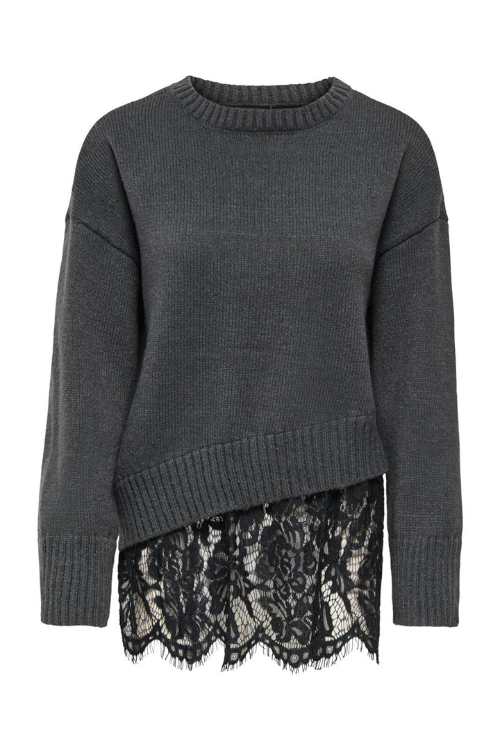 Only - Onlevie Ls Lace Mix O-Neck Knt - 5123391 Dark Grey Melange Black Lace