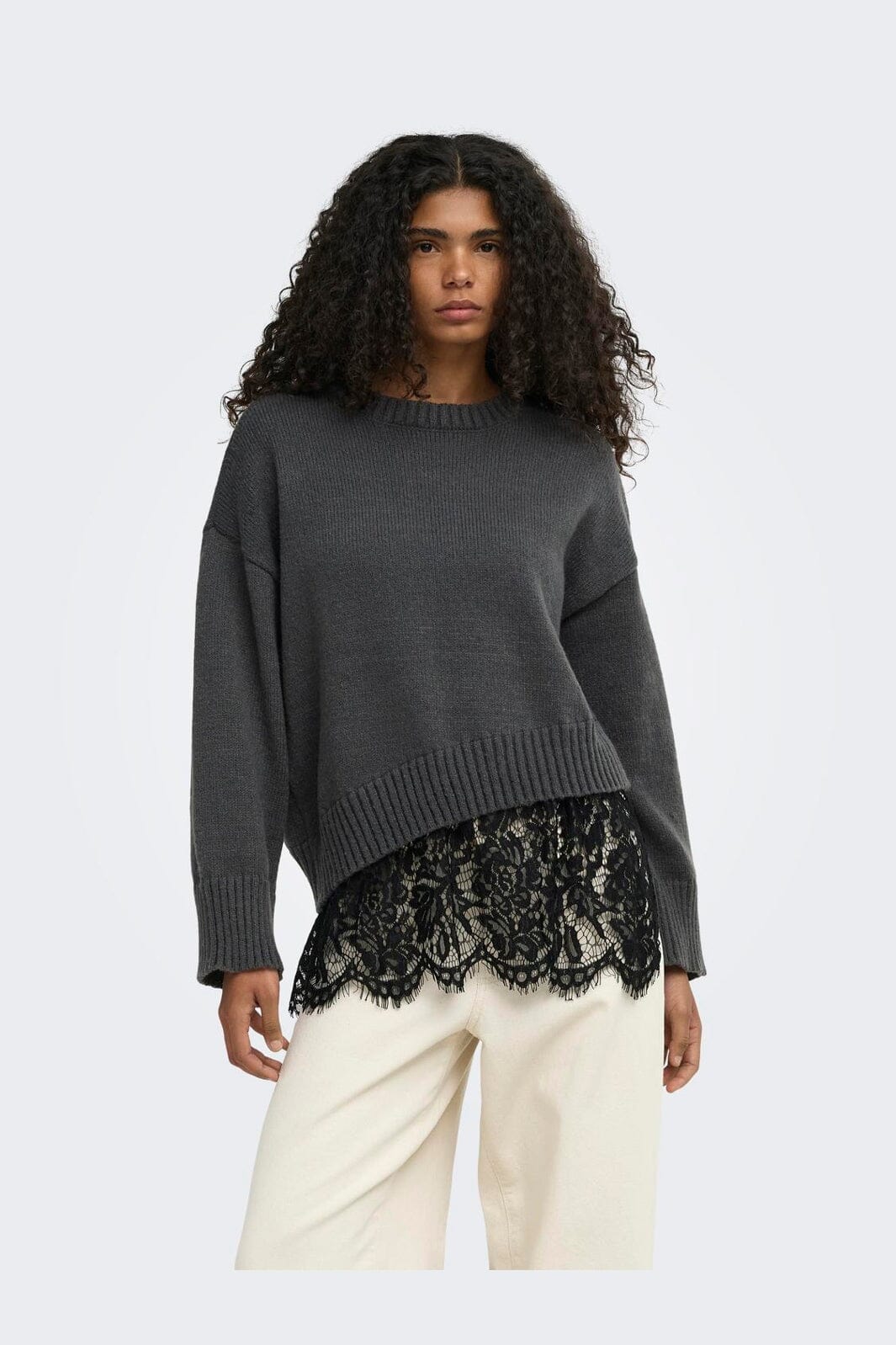 Only - Onlevie Ls Lace Mix O-Neck Knt - 5123391 Dark Grey Melange Black Lace