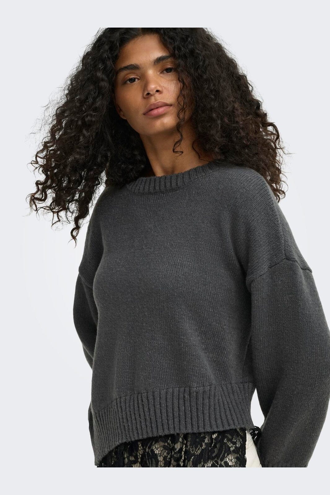 Only - Onlevie Ls Lace Mix O-Neck Knt - 5123391 Dark Grey Melange Black Lace