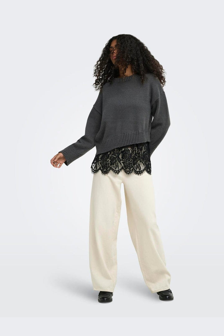 Only - Onlevie Ls Lace Mix O-Neck Knt - 5123391 Dark Grey Melange Black Lace