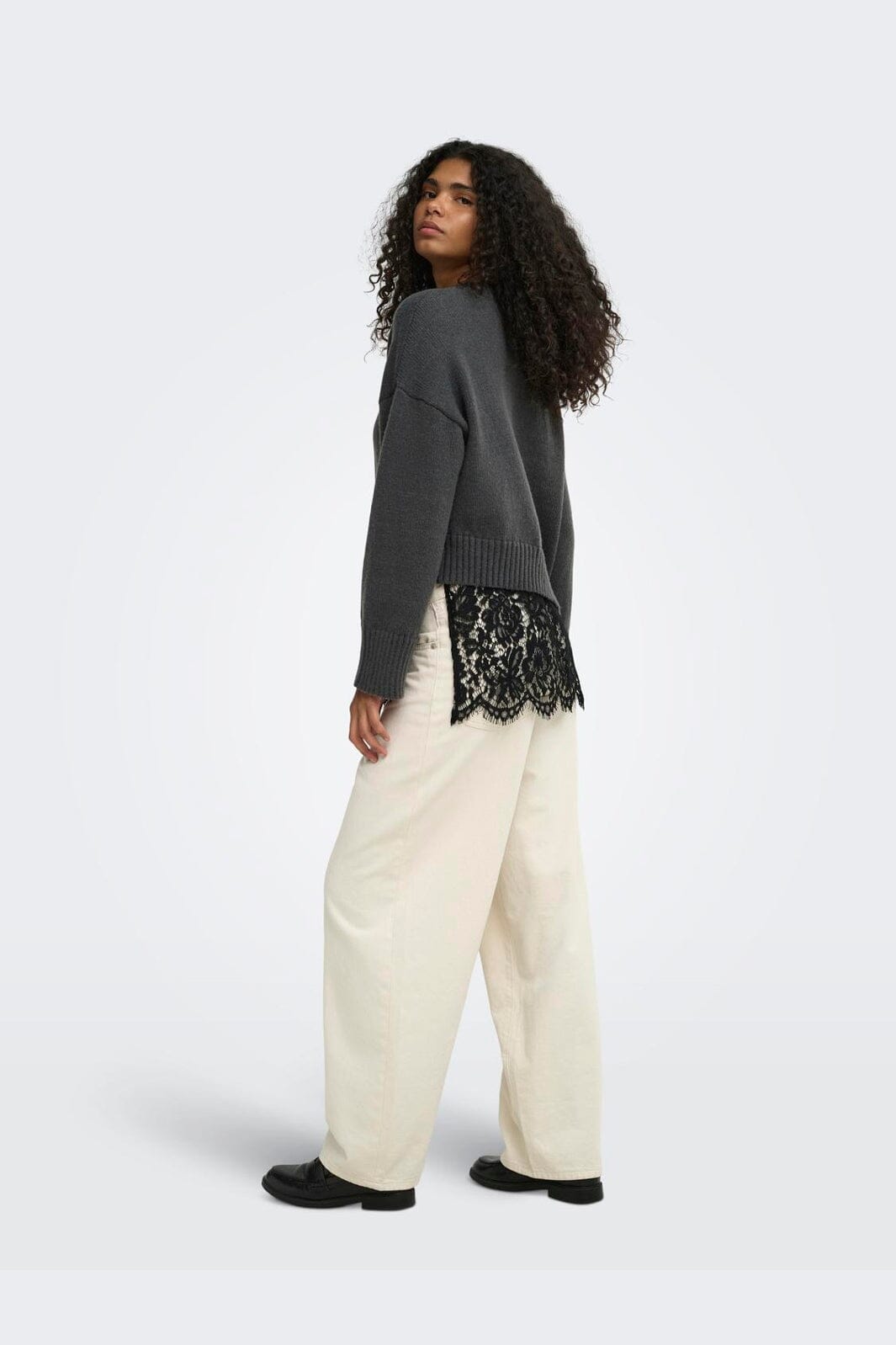 Only - Onlevie Ls Lace Mix O-Neck Knt - 5123391 Dark Grey Melange Black Lace