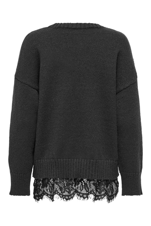 Only - Onlevie Ls Lace Mix O-Neck Knt - 5157343 Dark Grey Melange Black Lace