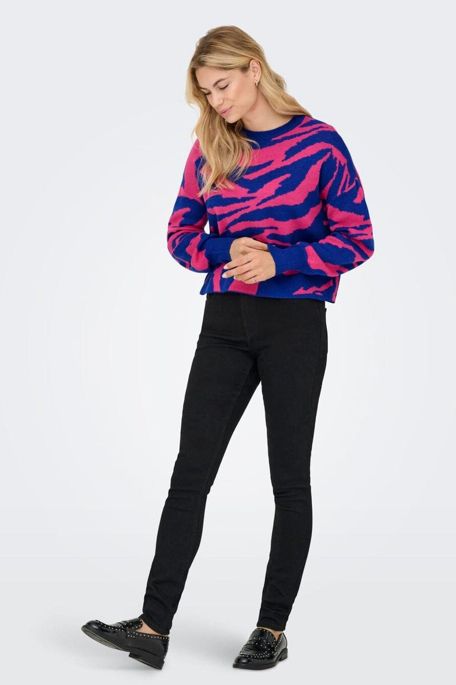 Only - Onlhilla Ls Jq Mix Box O-Neck Knt - 4999698 Dazzling Blue Pink Yarrow