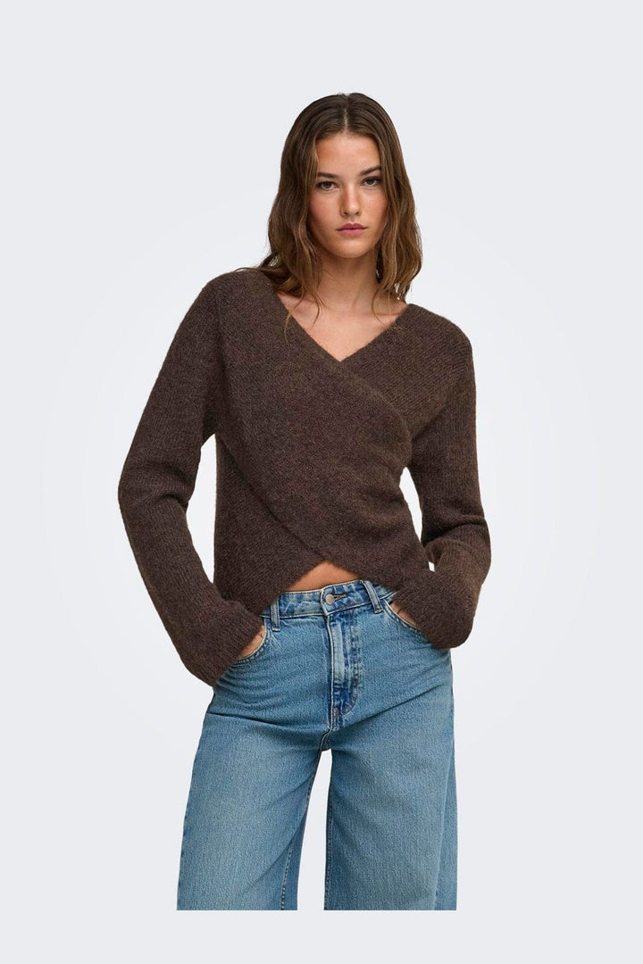 Only - Onlmaggie Ls Cross V-Neck Cc Knt - 5027929 Coffee Bean Melange