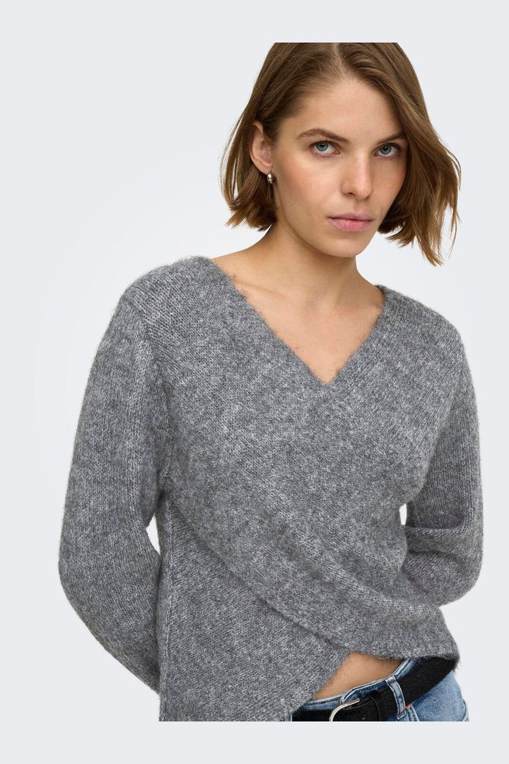 Only - Onlmaggie Ls Cross V-Neck Cc Knt - 5101026 Medium Grey Melange