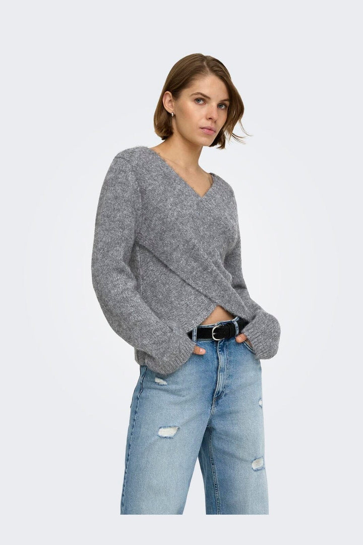 Only - Onlmaggie Ls Cross V-Neck Cc Knt - 5101026 Medium Grey Melange