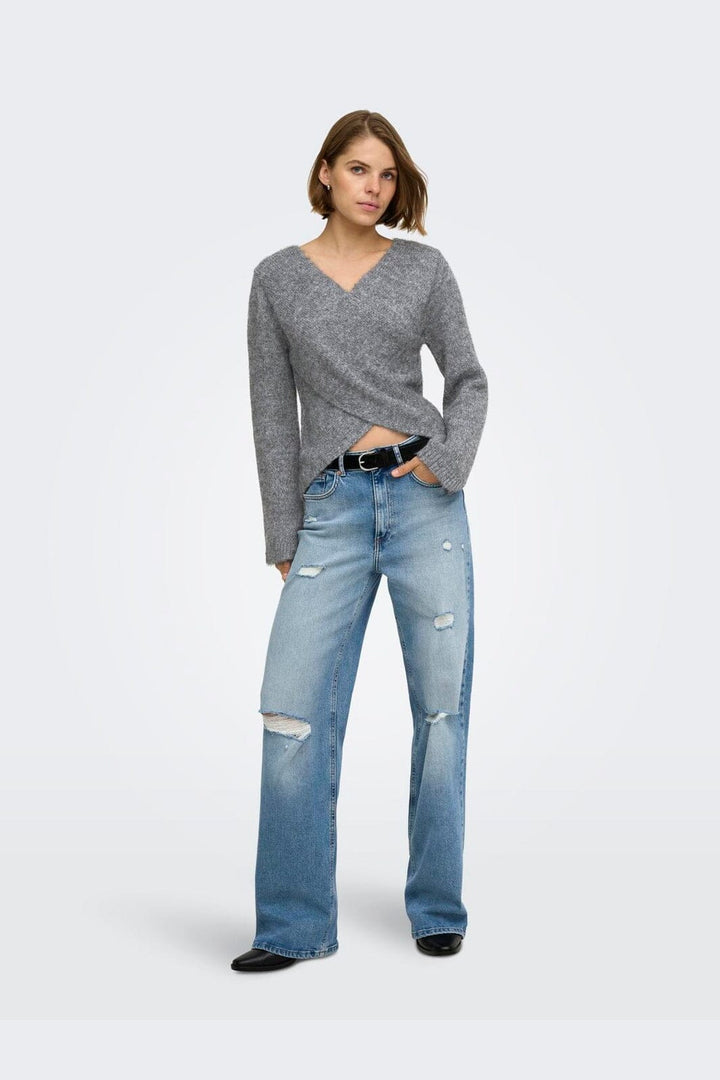Only - Onlmaggie Ls Cross V-Neck Cc Knt - 5101026 Medium Grey Melange