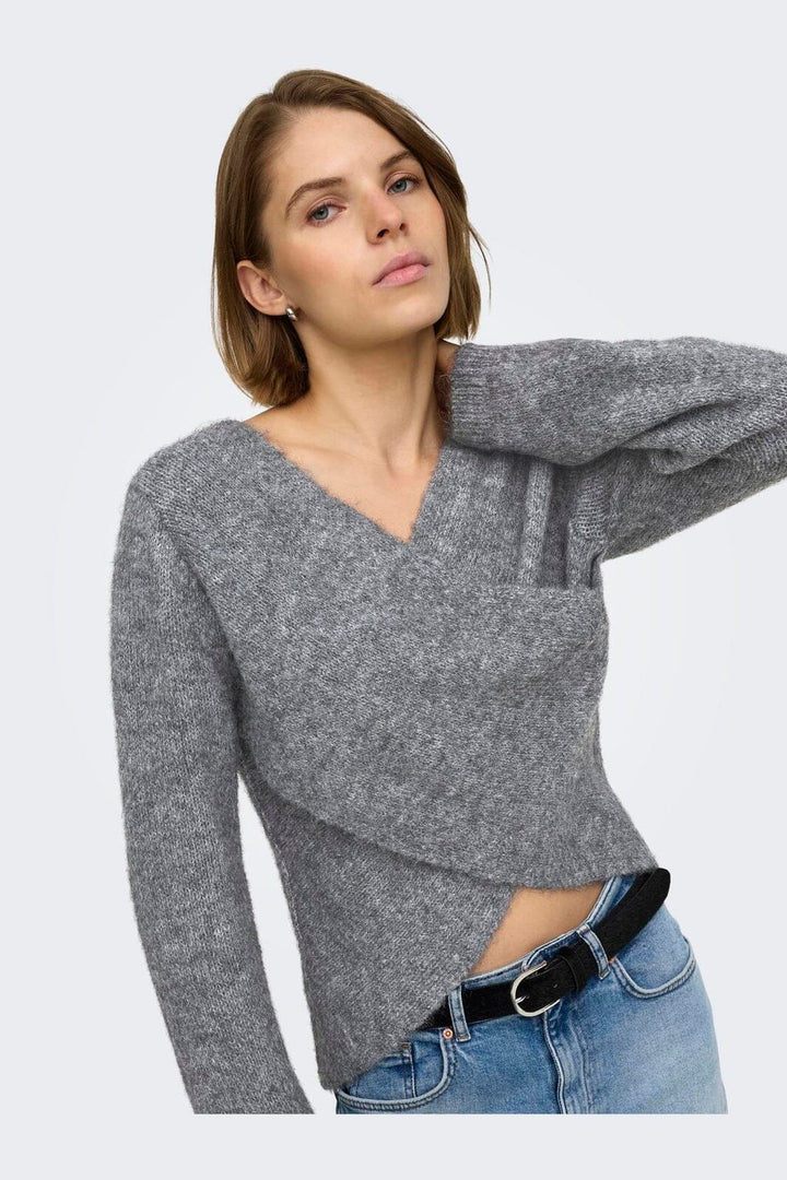 Only - Onlmaggie Ls Cross V-Neck Cc Knt - 5101026 Medium Grey Melange