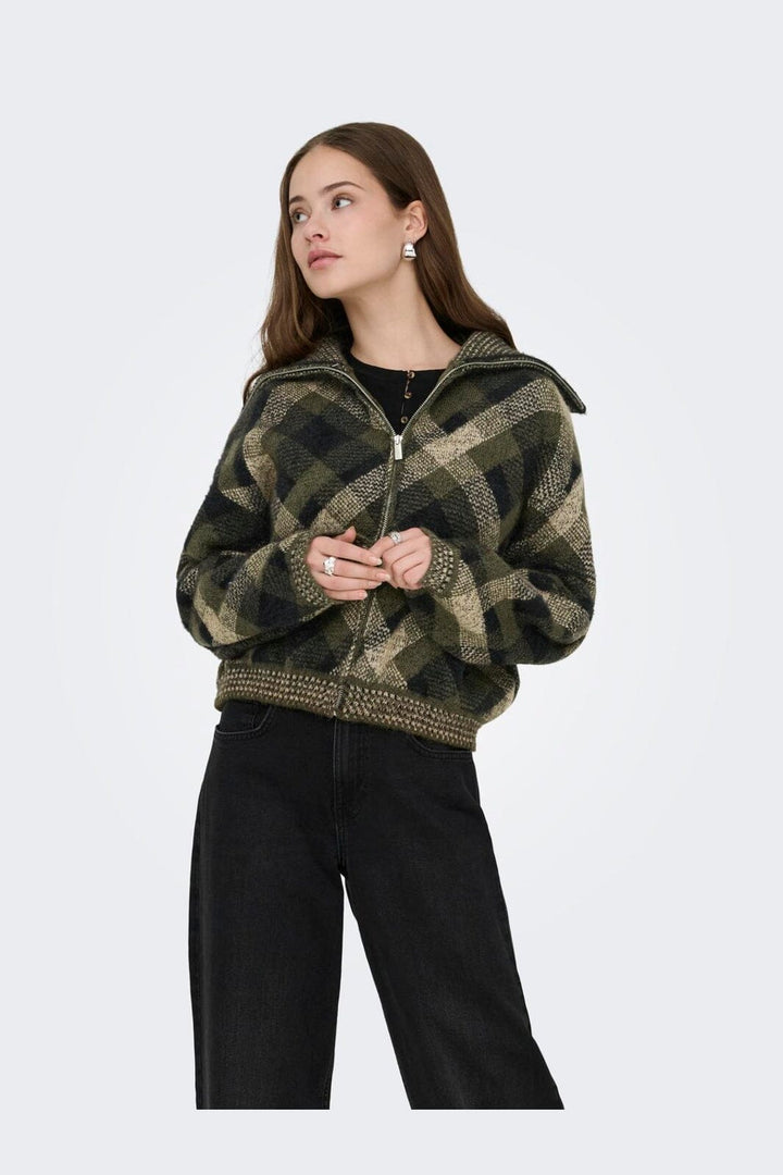 Only - Onlmaroon Ls Zip Collar Cardigan Knt - 5079116 Forest Night Small/Otter/Black