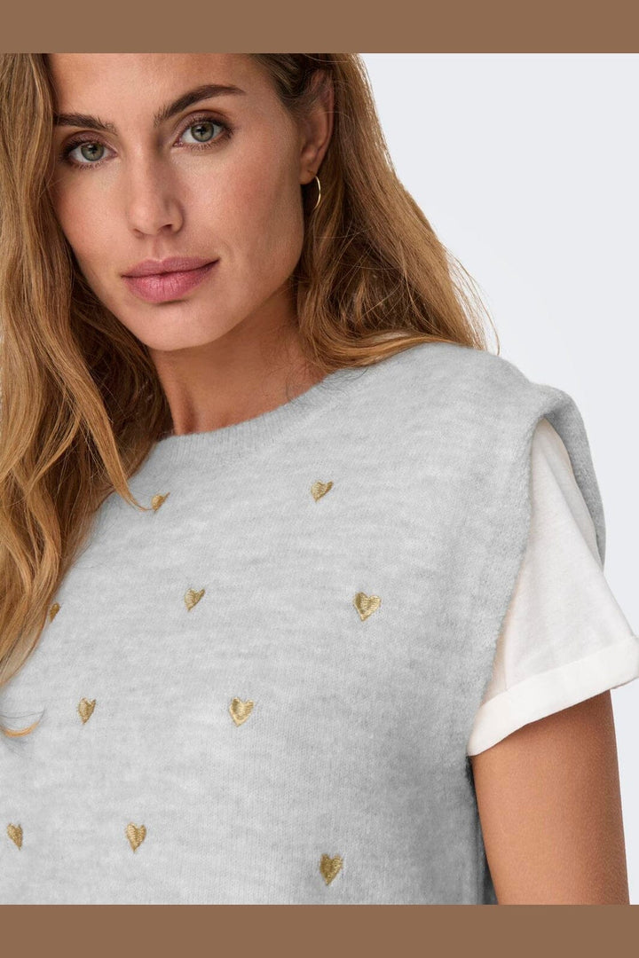 Only - Onlmelody Sl Embroidery O-Neck Knt - 4919768 Light Grey Melange Light Gold Hearts