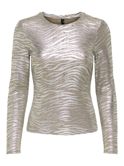 Only - Onlmirinda L/S O-Neck Top - 4892879 Humus Melange+Zebra Silver Metallic Bluser 