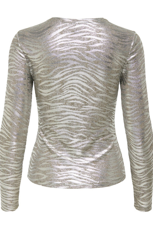 Only - Onlmirinda L/S O-Neck Top - 4892879 Humus Melange+Zebra Silver Metallic Bluser 