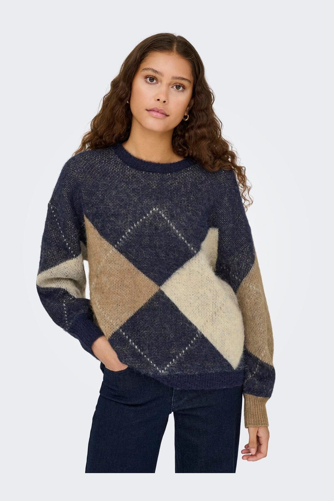 Only - Onlnoeme Life Ls Jq O-Neck Knt - 4895270 Night Sky Cocoa Creme/Biscotti/Melange/Argyle