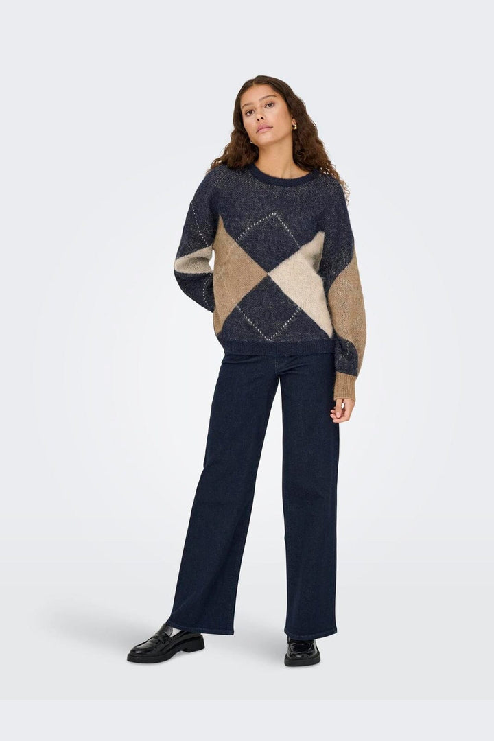 Only - Onlnoeme Life Ls Jq O-Neck Knt - 4895270 Night Sky Cocoa Creme/Biscotti/Melange/Argyle