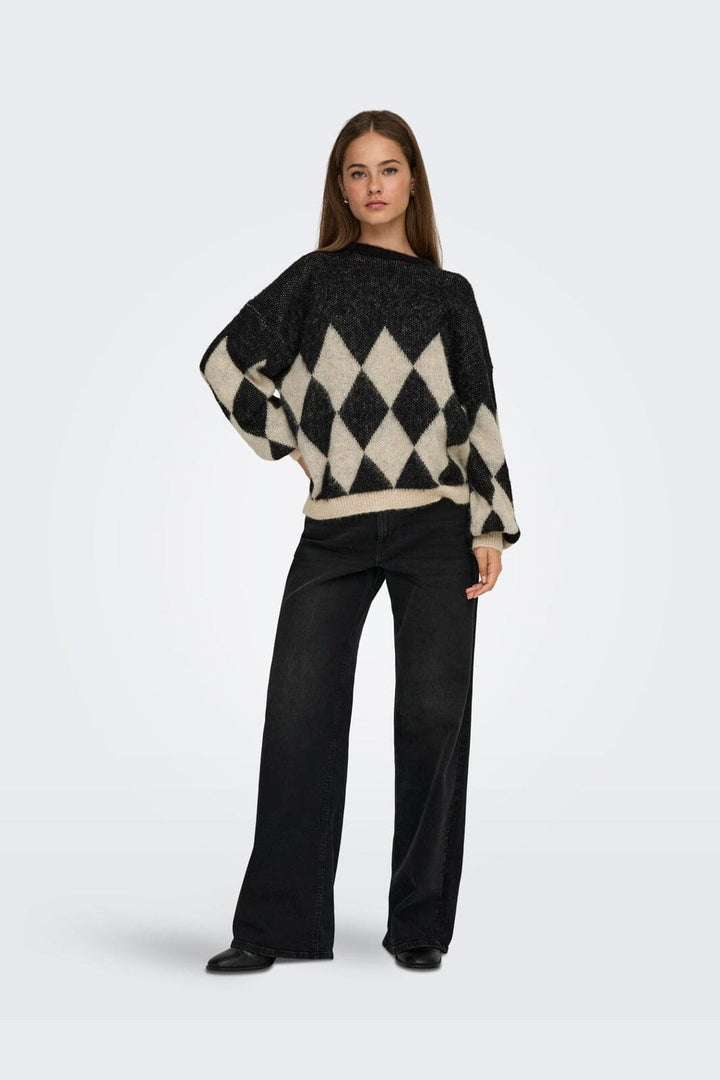 Only - Onlnoeme Life Ls Jq O-Neck Nca Knt - 4895268 Black Biscotti/Melange/Harlekin