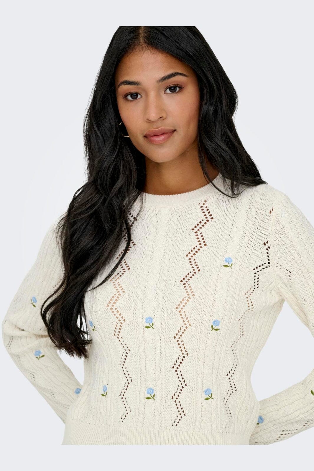 Only - Onlrita Life Ls Embr Cable Knt - 4862606 Ecru Cashmere Blue Flower
