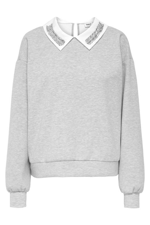 Only - Onlwillow L/S O-Neck Emb. Ub Swt - 4856680 Light Grey Melange Cloud Dancer Woven Sweatshirts 