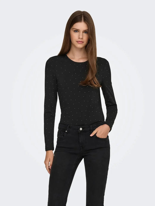 Only - Onlzita L/S O-Neck Top Bf - 4869236 Black Silver Rhinestones Bluser 