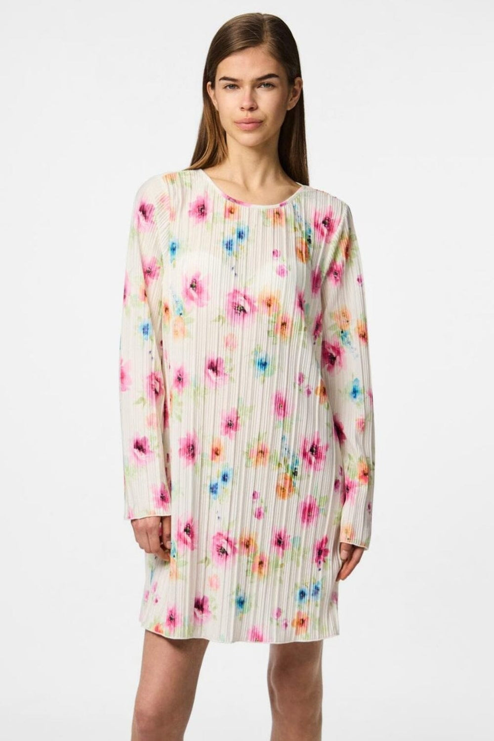Pieces - Pcamber Ls Short Dress Kca - 4842927 Bright White Blurry Flowers