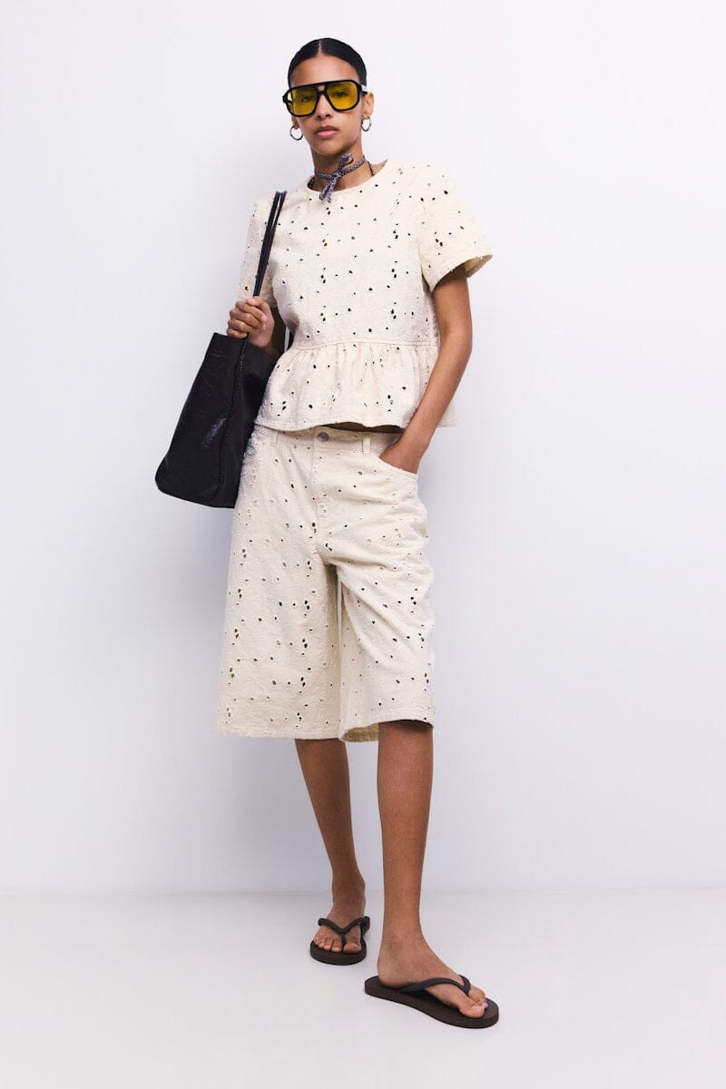Pieces - Pcella Jorts - 5106585 Ecru Embroidery Shorts 