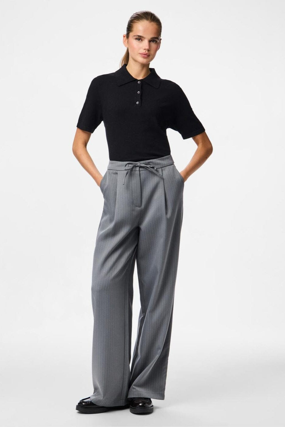 Pieces - Pcfalka Pinstriped Tie Pants - 4983919 Grey Pinstripe