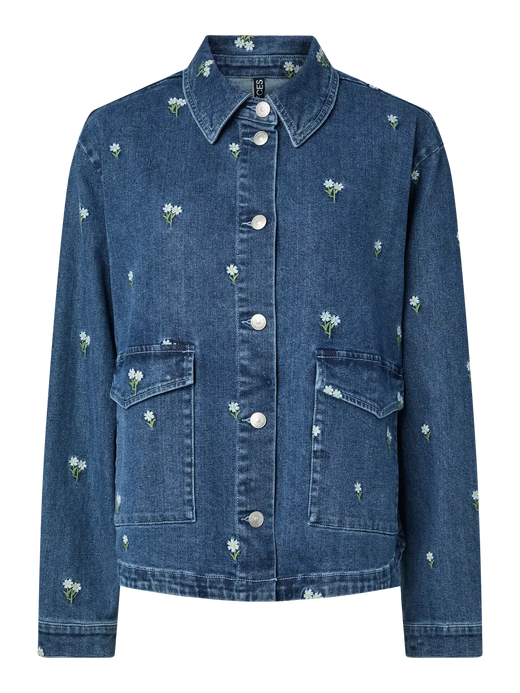 Pieces - Pcflora Ls Denim Emb Shirt - 5068168 Medium Blue Denim White Flower Embroidery Skjorter 