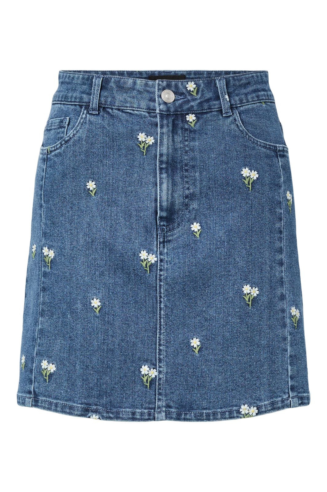 Pieces - Pcflora Short Denim Emb Skirt - 5068174 Medium Blue Denim White Flower Embroidery