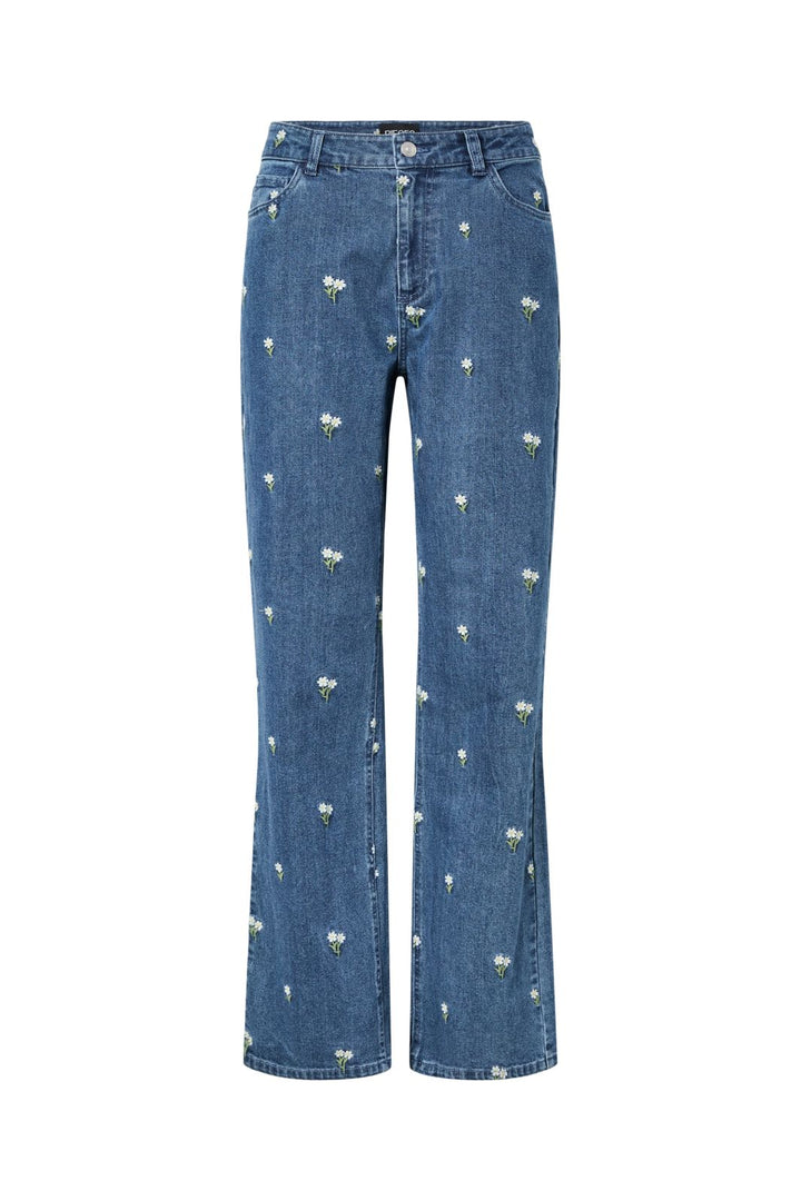 Pieces - Pcflora Straight Emb Jeans - 5068184 Medium Blue Denim White Flower Embroidery