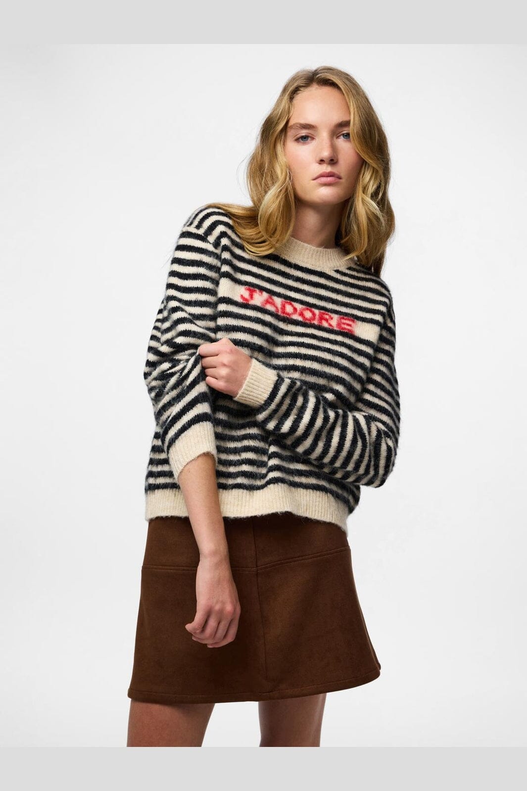Pieces - Pcjada Ls O-Neck Knit - 4813560 Birch Black + Jadore Text