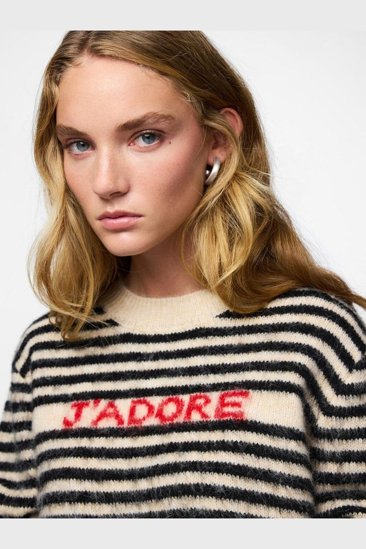 Pieces - Pcjada Ls O-Neck Knit - 4813560 Birch Black + Jadore Text