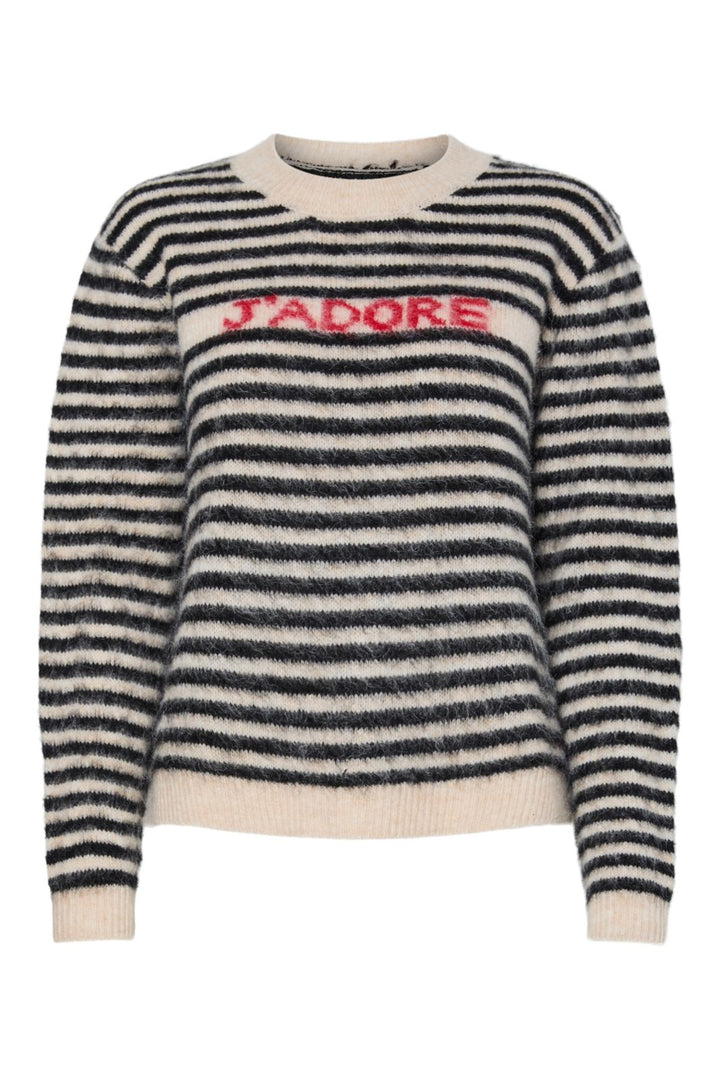 Pieces - Pcjada Ls O-Neck Knit - 4813560 Birch Black + Jadore Text