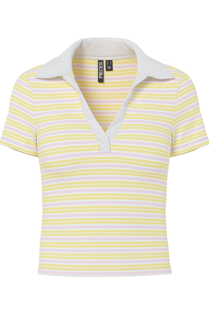 Pieces - Pcjayjay Ss V-Neck Polo Top Fsy - 4961818 Pale Banana Pink Tulle/White Skjorter 