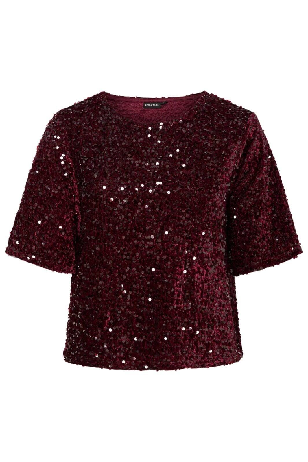 Pieces - Pckam Ss Top - 4859171 Tawny Port Tawney Port Sequins Toppe 
