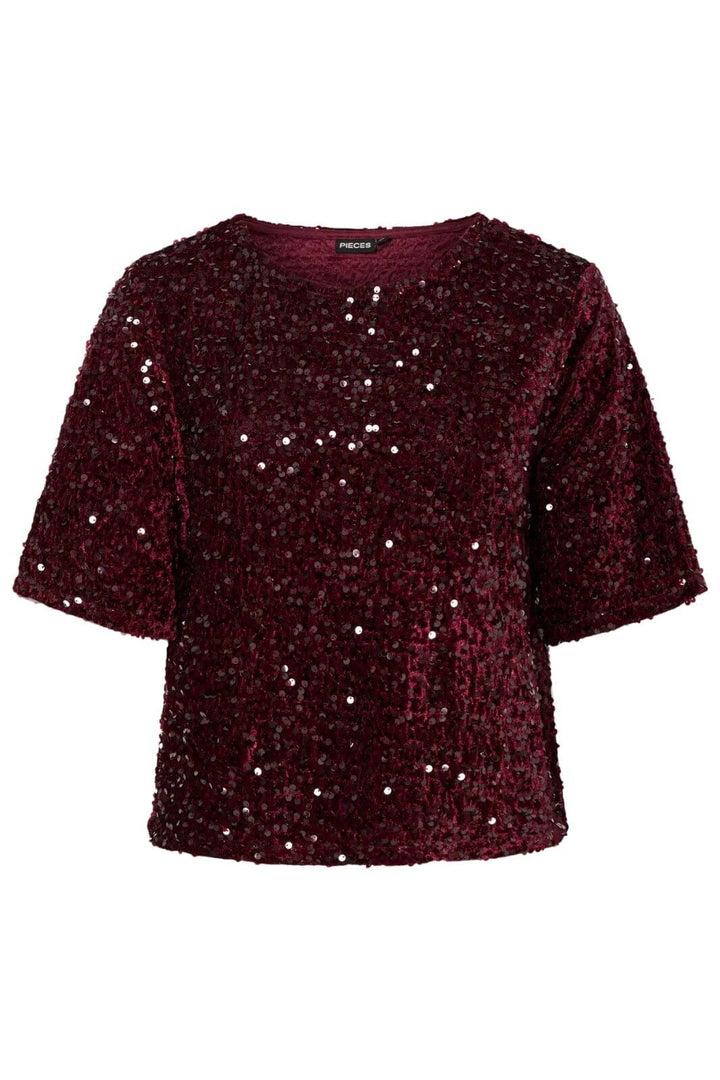 Pieces - Pckam Ss Top - 4859171 Tawny Port Tawney Port Sequins Toppe 